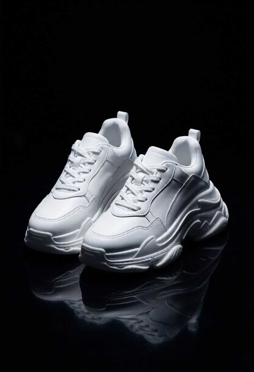 Chunky white women's fashion sneakers on a studio floor