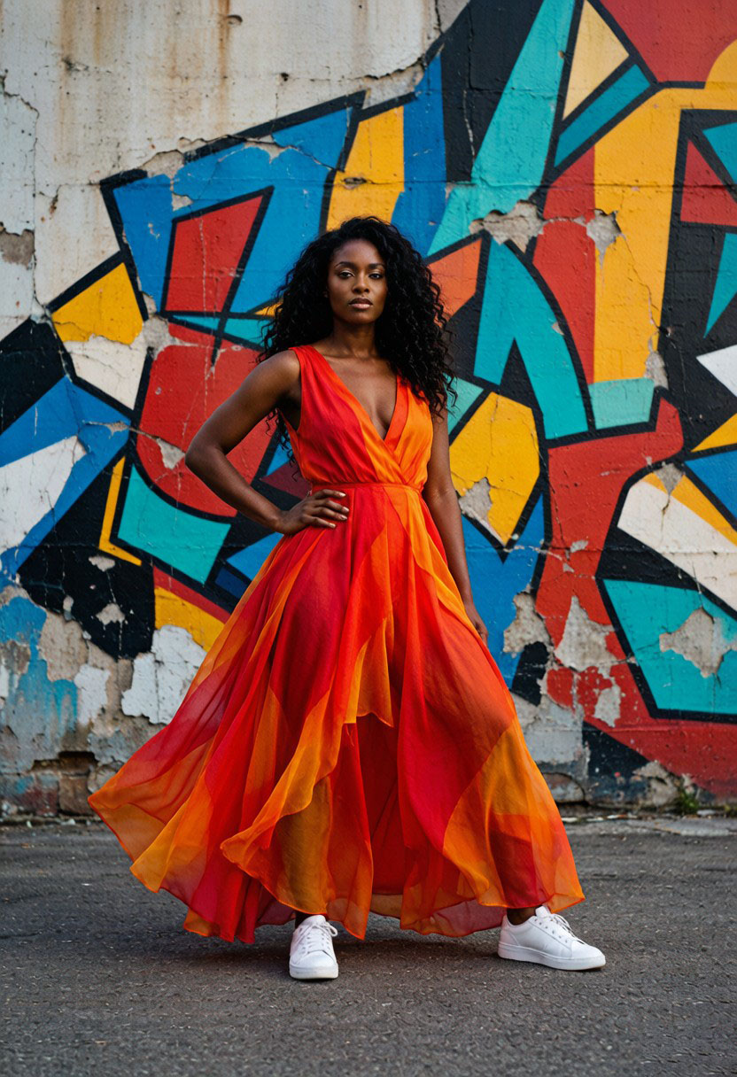 Confident woman in a dress and sneakers against a colourful mural