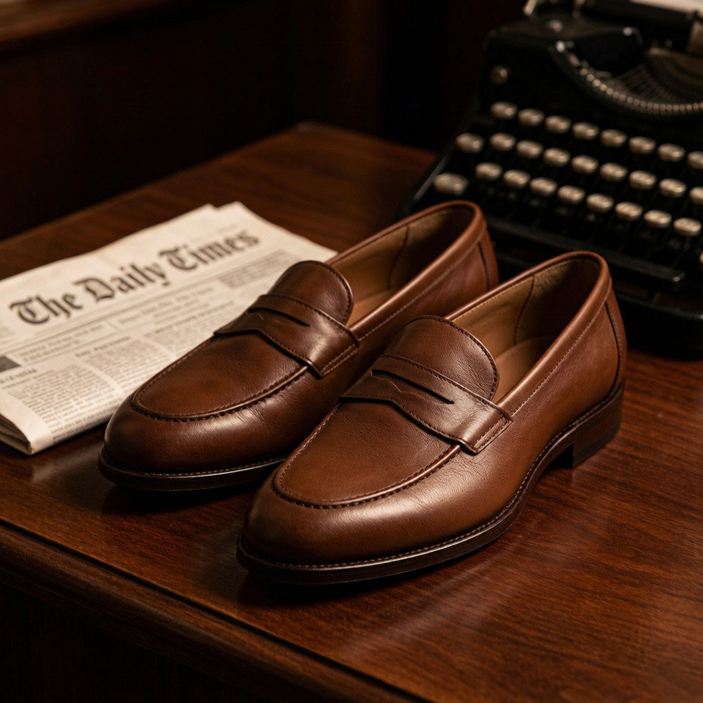 Brown leather men's loafers on a wooden desk