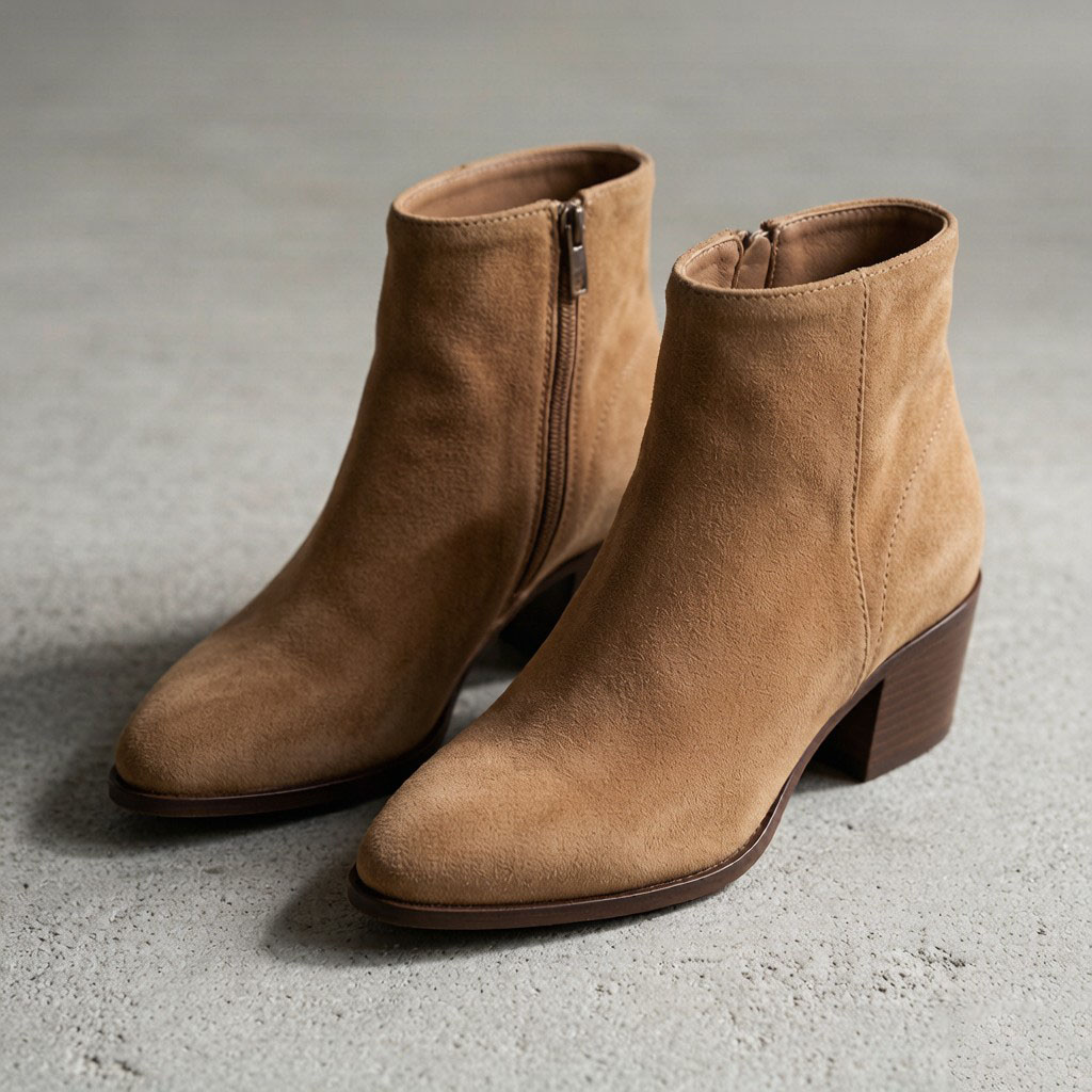 Tan suede women's ankle boots on concrete